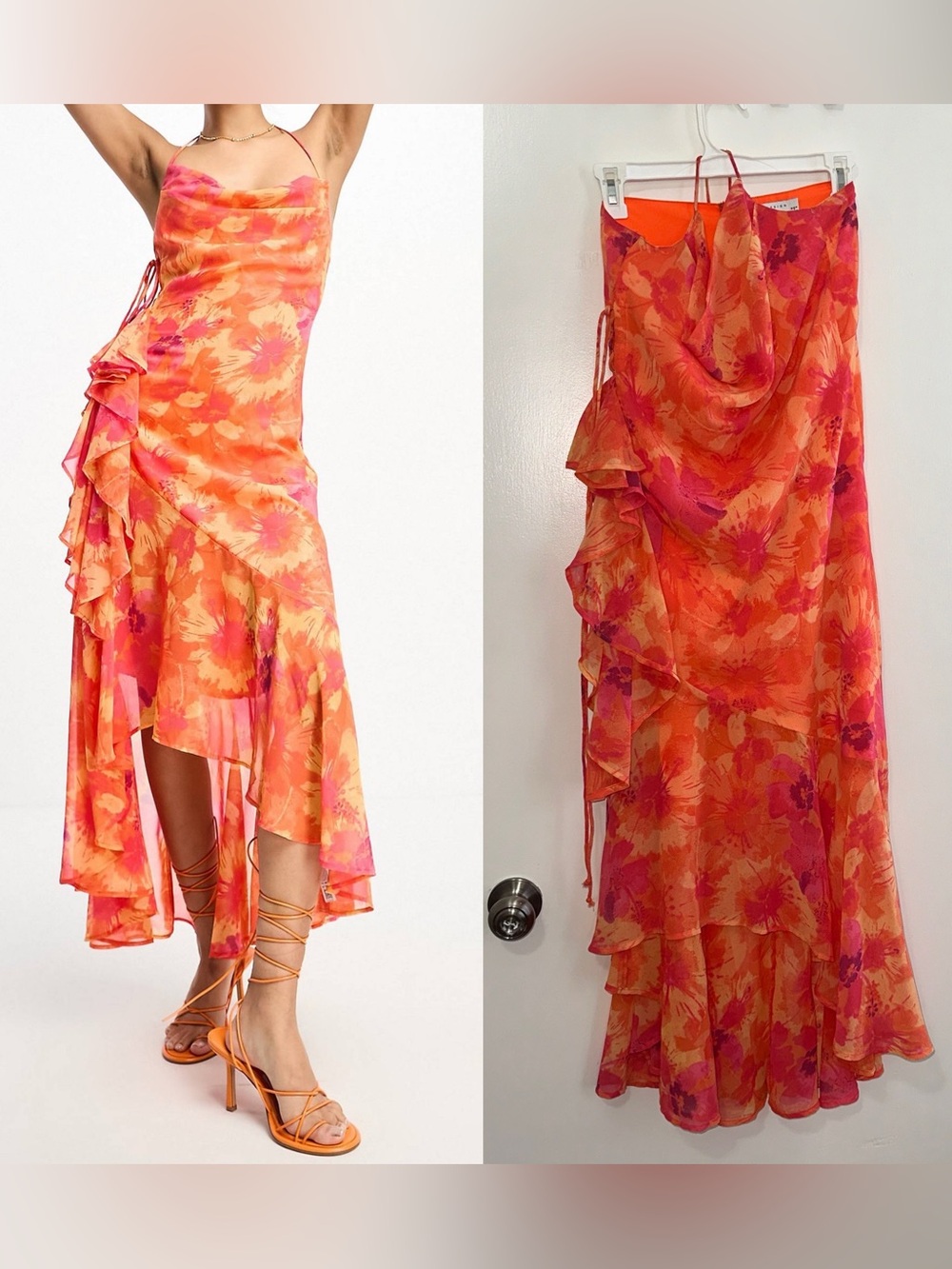 NWOT ASOS cowl neck ruffle detail hi-low hem midi slip dress